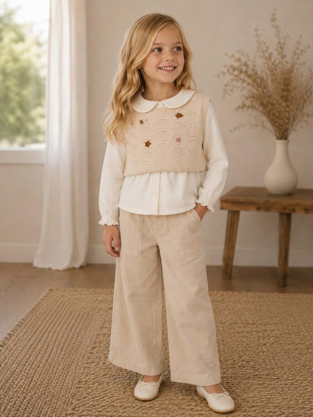 Zara Girls Cream Cable Knit Cropped Sweater Vest Floral Embroidery 6-9 Years
